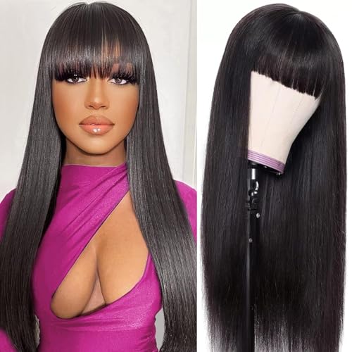 ROSELINE Glueless Wigs Human Hair with Bangs Straight Human Hair Wig with Bangs 150% Density None Lace Front Wigs for Black Women 20inch
