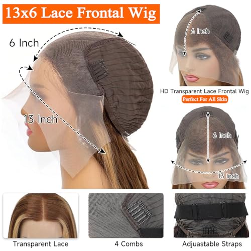 13x6 Honey Blonde Highlight Wig Human Hair Ombre Lace Front Wig P4/27 Body Wave Highlight Lace Front Wig Glueless Pre Plucked Bleached Knots Hd Lace Frontal Wigs Colored 22 Inch 180% Density