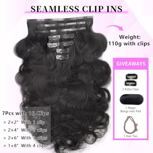 16 inch Seamless Body Wave Clip in Extensions Real Human Hair Extensions Clip Ins 110g 7pcs Thick Invisible Clip in Hair Extensions #1B Natural Black