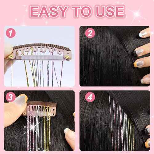 Hair Tinsel Kit Pack of 18 Pcs Hair Tinsel Clip in 19.6Inch Glitter Tinsel Hair Extensions Heat Resistant Clip in Hair Tinsel Sparkle Fairy Hair Accessories for Kids Girls Women (Pink)