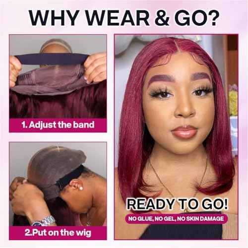 Wear and Go Glueless Bob Wig Human Hair 200% Density 5x5 HD Lace Closure Wigs For Black Women Glueless 5x5 Closure Wigs Human Hair Pre Plucked Bob Burgundy Color 16 Inch