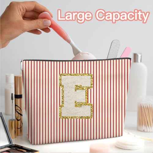 DETIHO Initial Letter Makeup Bag, Cosmetic Bag, Makeup Bag with Chenille Letter Patch, Personalized Gifts, Cute Makeup Pouch, Gifts for Women, Letter E, A20