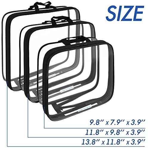 Clear Compression Packing Cubes 3 Set - Large See-Through Plastic Suitcase Bags for Travel - Luggage Compressable Organizers - Transparent PVC Collapsible Cosmetic Bag for Backpack Black