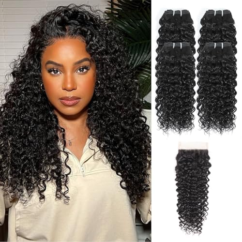 12 Inch Kinky Curly Human Hair Bundles Brazilian Virgin Human Hair 4 Bundles Natural Black Color 100% Unprocessed Curly Wave Human Hair Extensions(14 Inch curly *4+16 Inch Closure)