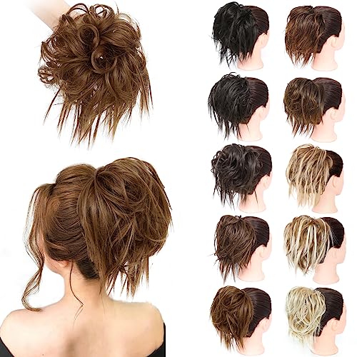 MORICA Tousled Updo Messy Bun Hair Piece Hair Extension Ponytail with Elastic Rubber Band Updo Wavy Bun Extensions Synthetic Hair Extensions Scrunchies Chignons Hairpiece for Women(Light Golden Brown)