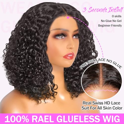 Put On and Go Glueless Wigs Human Hair Pre Plucked Pre Cut Lace Closure Wigs for Black Women 200% Density Glueless Deep Curly Bob Wig Human Hair 30 Seconds Install for Beginners Natural Color 14 Inch