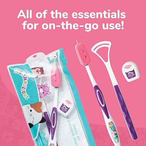 Brush Buddies Squishmallows Toothbrush Travel Kit, Dental Kit with Toothbrush, Tongue Scraper, and Floss