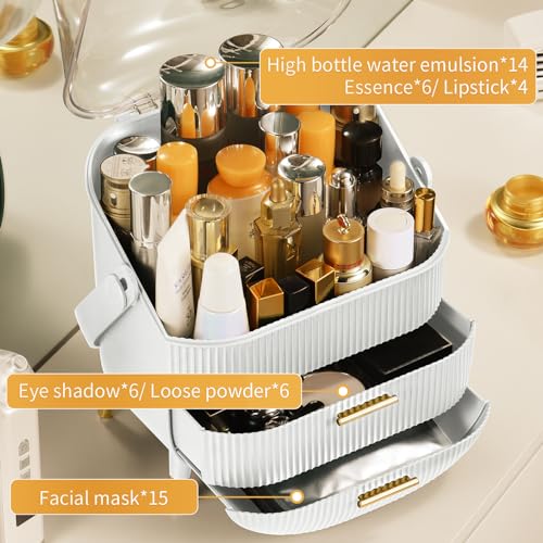 CANITORON Makeup Organizer,Skincare Organizer with 2 Drawers and Brush Storage Box,Lipstick Holder,Cosmetic Display Case for Vanity Organizer and Bathroom Countertop Storage.(White)
