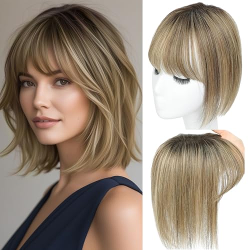 Human Hair Toppers with Bangs Hair Toppers for Women Remy Human Hair Hand-stitched 360¡Æ3D Coverage Natural for Thinning HairPieces for Women with Thinning Hair Swiss Base(4T4/27#)