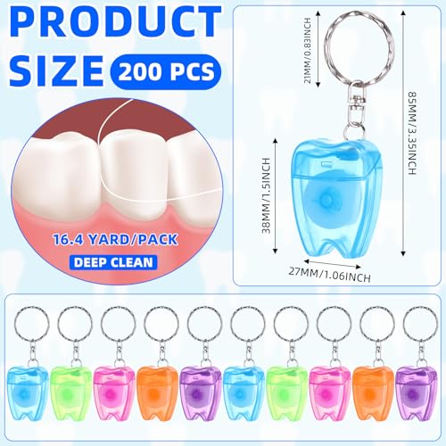 Landical 200 Pcs Dental Floss Keychain Bulk Mini Tooth Portable Floss Cleaning for Travel Homeless 15 M /16.4 Yard (Multicolor)