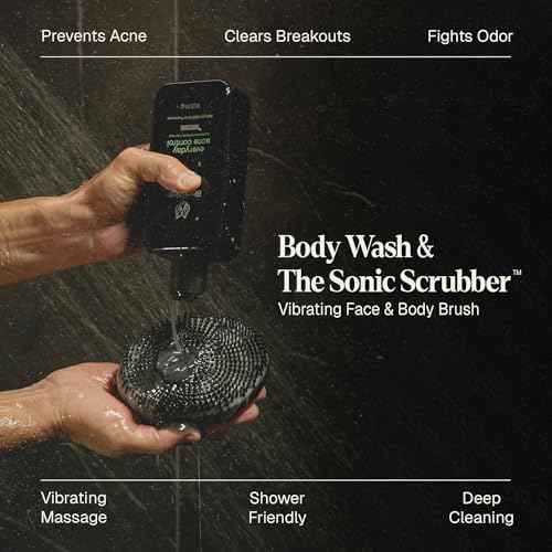 Black Wolf Body Wash & Sonic Scrubber Pro Kit for Men - Vibrating Face & Body Brush with Charcoal Powder Shower Gel, Water Resistant Massage Brush & Salicylic Acid Body Wash, Rich Lather & Deep Clean