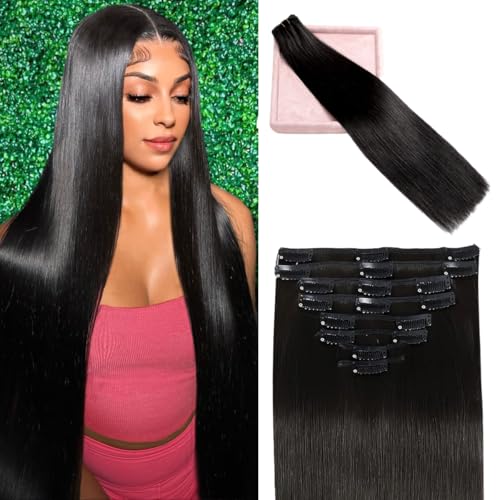 Clip in Hair Extensions Real Human Hair, Remy Human Hair Clip in Extensions for Black Women, Invisible Natural Straight Seamless Clip ins Hair Extensions 8pcs Double Weft #1B 24inch 120g