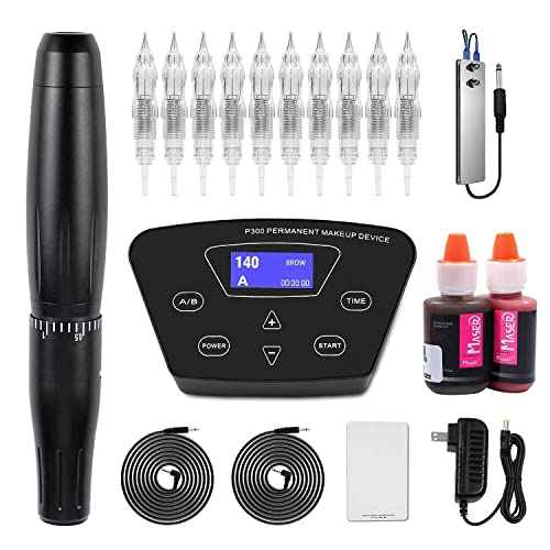 Permanent Makeup Tattoo Machine Kit-BIOAMSER P300 Permanent Makeup Kit with Foot Pedal Touch Control Power Supply Rotary Tattoo Machine Pen Practice Skin 2 Microblading Inks 10pcs Cartridge Needles