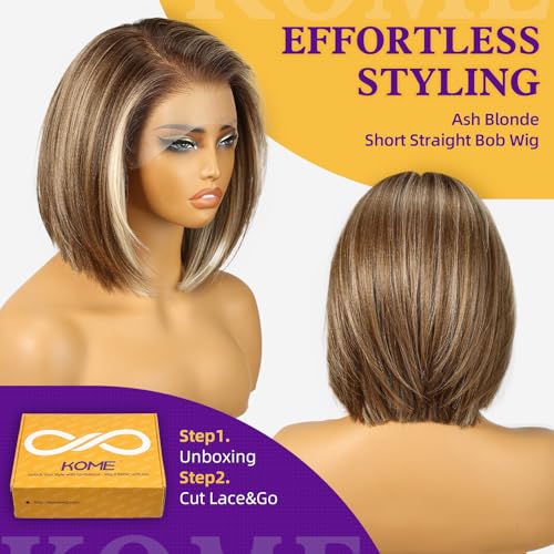 Ash Blonde Highlight Synthetic Lace Front Wig,13¡¿6 HD Short Straight Glueless Bob Wig for White Women Daily Use 12IN£¨#TT6/166£©