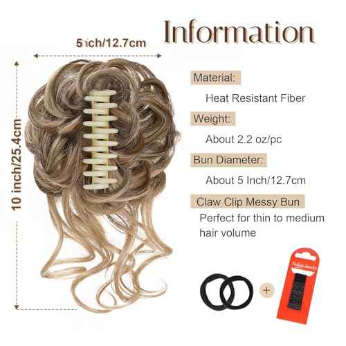 Large Messy Bun Hair Pieces for Women Wavy Curly Fake Hair Bun Extensions Ponytail Hairpieces for Updo Natural Synthetic Claw Clip Bun Hair Accessories Light Brown mix Blonde
