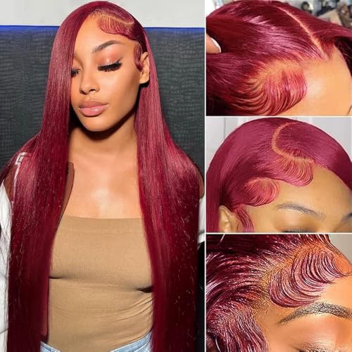 99j Burgundy Lace Front Wigs Human Hair 20Inch 13x6 Lace Front Wigs Human Hair Straight Red 180% Density HD Lace Front Human Hair Pre Plucked Pre Cut Glueless Wigs Colored For Women