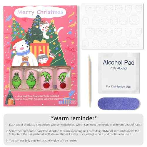 Christmas Press on Nails Short Square Fake Nails Pink Stick on Nails Winter False Nails with Fun Cartoon Green Haired Monster Designs Xmas Candy Cane Press on Nails for Women Girls Holiday Manicure