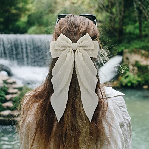 Big Bow Hair Accessories 2pcs - Long Tail French Red Beige Barrettes for Women and Girls, Soft Dress Up Decor for Birthday, Bachelorette Party, Christmas, Thanksgiving, Wedding
