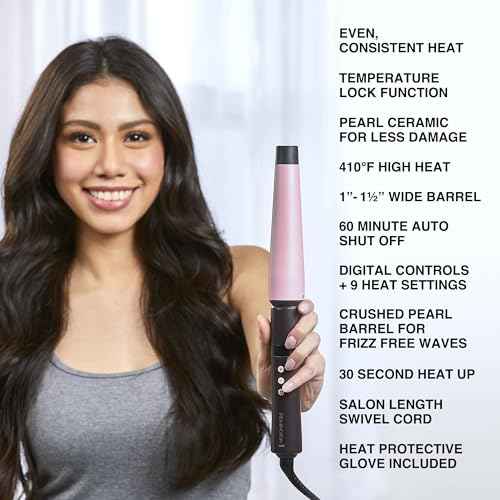 Remington CI9538 Pro 1"-1.5" Pearl Ceramic Conical Curling Wand, Digital Controls + 10 Heat Settings, Black/Pink