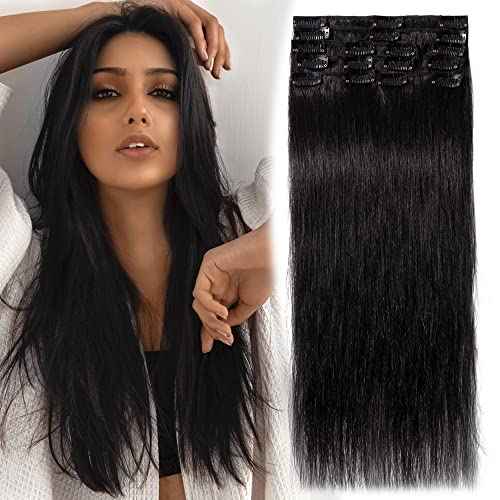 MY-LADY Clip in Hair Extensions Real Human Hair Jet Black 20 Inch 80g Remy Hair 8pcs Weft Balayage Full Head Silky Natural Straight for Women