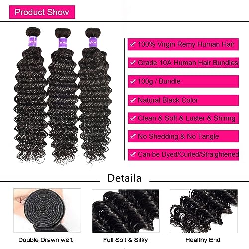 Deep Wave Bundles with Closure (12 14 16+10£¬Free Part) 100% Unprocessed Brazilian Virgin Hair Weave Bundles with Lace Closure Curly Virgin Human Hair Weft Natural Color for Black Women
