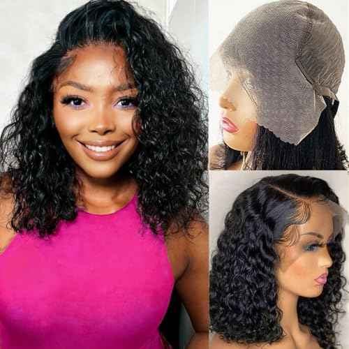 Nakkia 13x6 Deep Wave Bob Lace Front Wig Human Hair 13x6 Lace Frontal Wigs 180% Density Curly Bob Wig Human Hair Pre Plucked for Women Natural Black 12 Inch