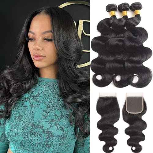 Body Wave Human Hair Bundles with Closure 10A Brazilian Human Hair 3 Bundles with 4x4 HD Lace Closure Free Part 100% Unprocessed Virgin Hair Natural Color£¨18 20 22+16 Inch£¬Body Wave£©