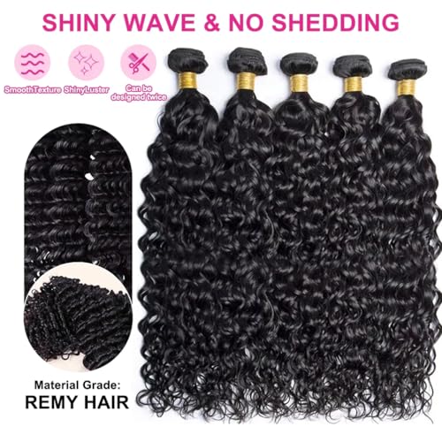 Brazilian Human Hair Bundles Water Wave (14 16 18 Inch)12A 100% Unprocessed Virgin 4 Water Weave Human Hair Bundles Raw Hair Wet and Wavy Hair Extensions Natural Black for Black Women