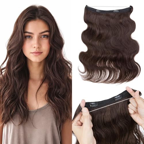 Halo Hair Extensions Real Human Hair, MY-LADY Adjustable Halo Extensions Real Human Hair, 18 inch Dark Brown Women's Long Wavy Hair Invisible Wire Hair Extensions
