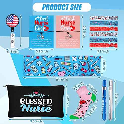 72 Pcs Christmas Nurses Gifts Bulk Nurses Week Appreciation Gift Women with Socks Makeup Bags Penlight Badge Reels Headband Bracelet Hair Rope for Employees Doctors Team Nursing Pharmacists Staff