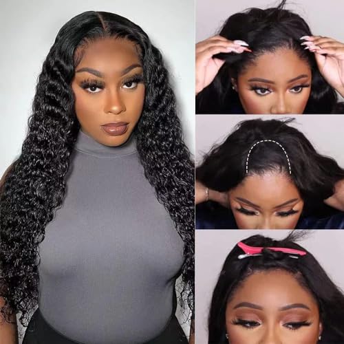 U Part Wigs Human Hair for Black Women Deep Wave Human Hair Brazilian Hair Full Head Clip in Half Wig V Part Glueless Wigs Human Hair Pre Plucked U Shape Wigs (Natural Black, 16 inch)