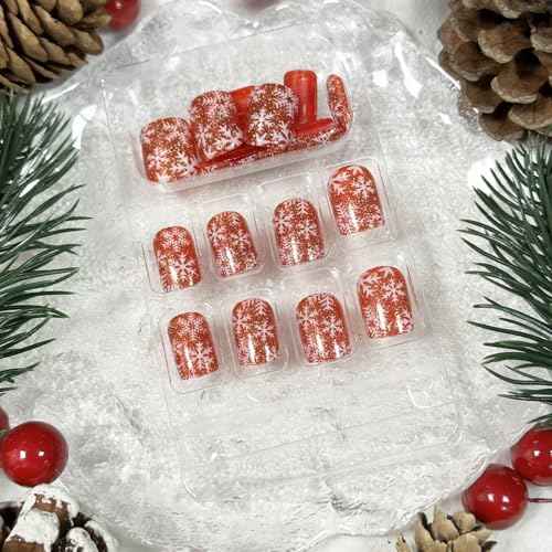 Christmas Red Press on Nails Short Square Fake Nails with Snowflake Designs Red Glossy Artificial Nails Full Cover Stick on Nails Christmas Glue on Nails for Women Nail Art DIY 24Pcs