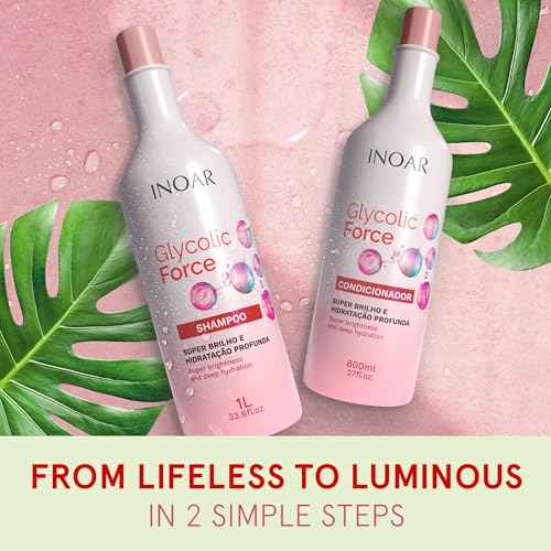INOAR Glycolic Force Shampoo & Conditioner Bundle with Glycolic Acid for Deep Cleansing, Intense Hydration & Renewed Shine, 33.8 & 27 Fl Oz