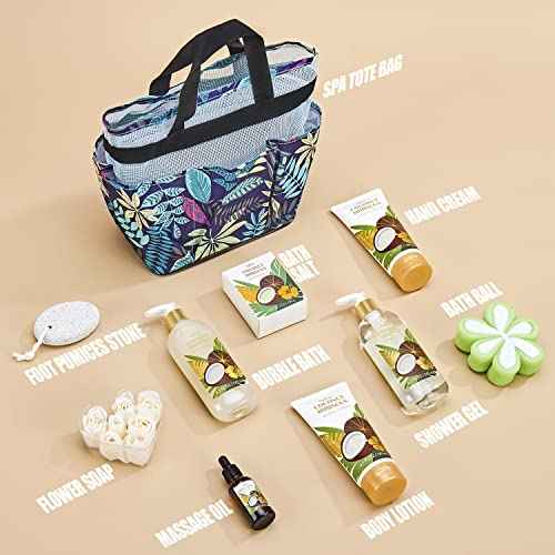 Bath and Body Set, Spa Gifts for Women, 10Pc Coconut Pamper gift Kit for Mum, Includes Bath Salt, Massage Oil, Bubble bath, Body Lotion, Tote Beach Bag, Valentines Eid Beauty Birthday Gift for her