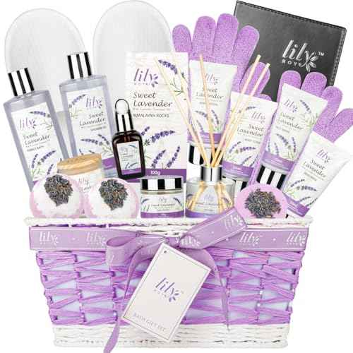 Mothers Day Gift for Mom - Relaxing 18-Piece Bath and Body Basket for Women Lavender Spa Gift Basket Set Bath Collection with Bath Bomb | Christmas, Birthday, Perfect Spa Present for Her All Occasions