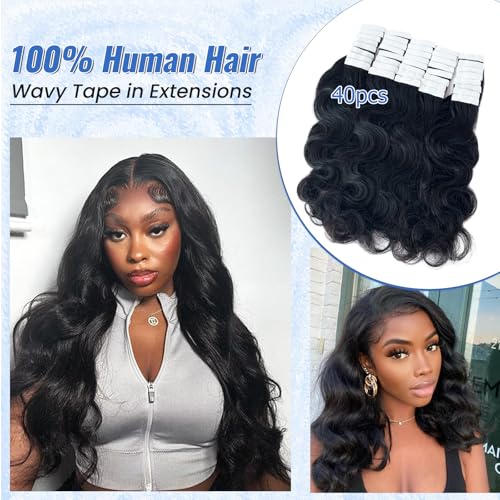 Licoville Body Wave Tape in Hair Extensions, Upgraded 100G 40PCS Body Wave Human Hair Tape ins for Black Women Skin Weft Soft Natural Black Curly Tape in Extensions Real Human Hair 18 Inch