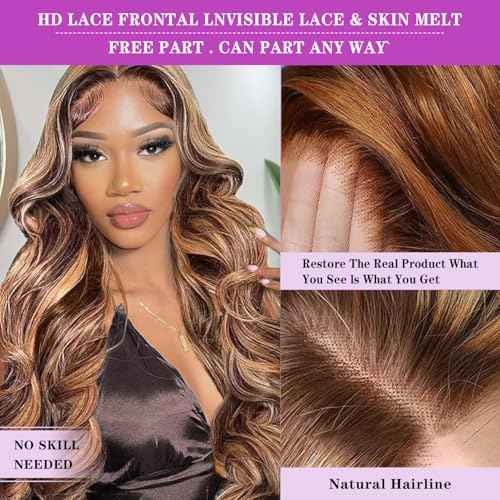 Ombre Lace Front Wig Human Hair 4/27 13x4 HD Body Wave Highlight Lace Front Wig Human Hair Pre Plucked With Baby Hair 24Inch Glueless Lace Front Wigs 180% Density