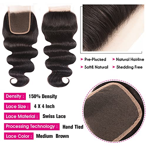 YISEA Body Wave 3 Bundles with Closure(12 14 16+10) 100% Unprocessed Brazilian Body Wave Human Hair Bundles with 4X4 Lace Closure Free Part Natural Color