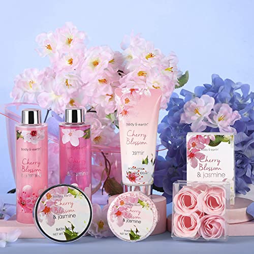 Body & Earth Gift Baskets for Women Bath and Body Set for Her, Cherry Blossom & Jasmine Spa Gifts for Women Christmas Gifts, Regalos Para Mujer