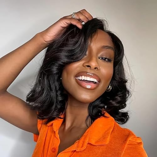 Human Hair Wig Glueless Loose Body Wave Lace Front Wigs Human Hair 200% Density 6x5 HD Lace Pre Cut Plucked Drawstring Wig Glueless Wig Wear and Go for Women 10 Inch