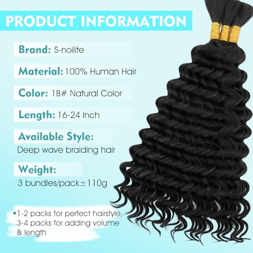S-noilite Human Braiding Hair for Boho Braids 100% Unprocessed Brazilian Virgin Bulk Hair 3 Bundles/Pack 110g 24 Inch Deep Wave Bundles Human Hair for Bohemian Knotless Braids No Weft #1B