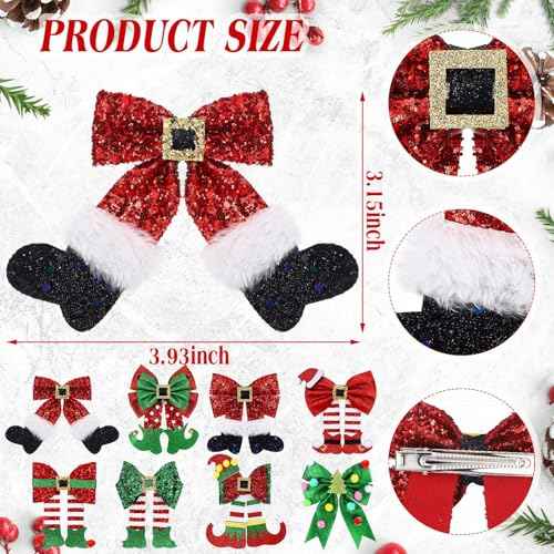 8 Pack Christmas Hair Clips for Women Glitter Sequins Red and Green Christmas Bow Clips Xmas Glitter Hair Accessories Deer Antler Headdress Cute Xmas Party Gifts for Women (Mixed Style)