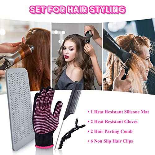 MORGLES Heat Resistant Gloves, 2 Pcs Professional Heat Gloves for Hair Styling Silicone Hot Mat 6 Pcs Hair Clips and 2 Pcs Styling Comb for Curling Iron Wands Flat Iron