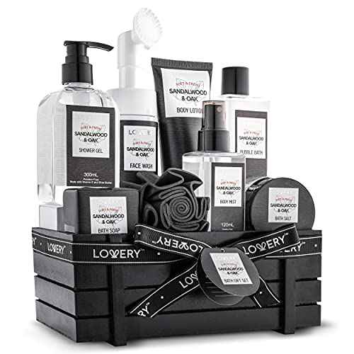Birthday Gifts Spa Kit for Men - Sandalwood and Oak Scented Bath Gift Set and Shower Gift Basket With Face Wash & Brush, Shower Gel, Bubble Bath, Body Lotion, Body Mist, Handmade Soap, Salts & Puff