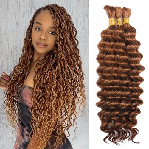 Human Braiding Hair for Boho Braids, Deep Wave Bulk Boho Braids Human Hair for Knotless Curly Bohemian Water Wave Braiding 110g 24 Inch Auburn Ginger (3 No Weft Bundles/Pack)