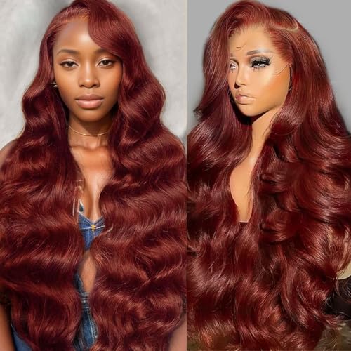 26 Inch Reddish Brown Wig Human Hair 13x6 Body Wave Lace Front Wigs HumanHair 200% Density HD Transparent 33# Lace Frontal Wigs Pre Plucked With Baby Hair Brownish Red Human Hair Wig For Women