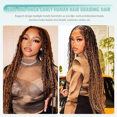 30 Inch Highlight Honey Blonde Human Braiding Hair for Boho Braids Deep Curly Bulk Human Hair for Braiding No Weft 2 Bundles 100G Water Wave Wet And Wavy Micro Braiding Extensions