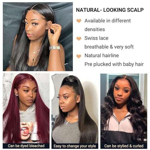 4x4 Lace Front Wigs Human Hair, 150% Density Straight, Glueless, Pre Plucked, Brazilian Virgin, HD Lace Closure, 18 Inch, Black, Female, Adult, Straight, 22-22.5 Inch