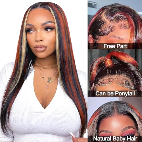 Ginger Blonde Highlight Lace Front Wigs Human Hair Skunk Stripe 13x4 Lace Frontal Wig Straight Black Ginger and Blonde Ombre Colored Wigs Glueluess Human Hair 18 Inch 180% Density Pre Plucked