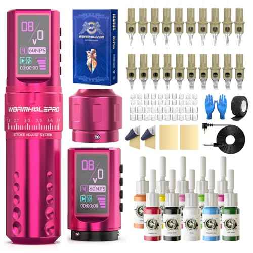 WORMHOLE PRO 80PCS Tattoo Gun Kit with 7 Adjustable Strokes, 1,800 mAh Capacity Replacement Power Supply, Digital LED Display, 20Pcs Tattoo Needles for Artists - Pink